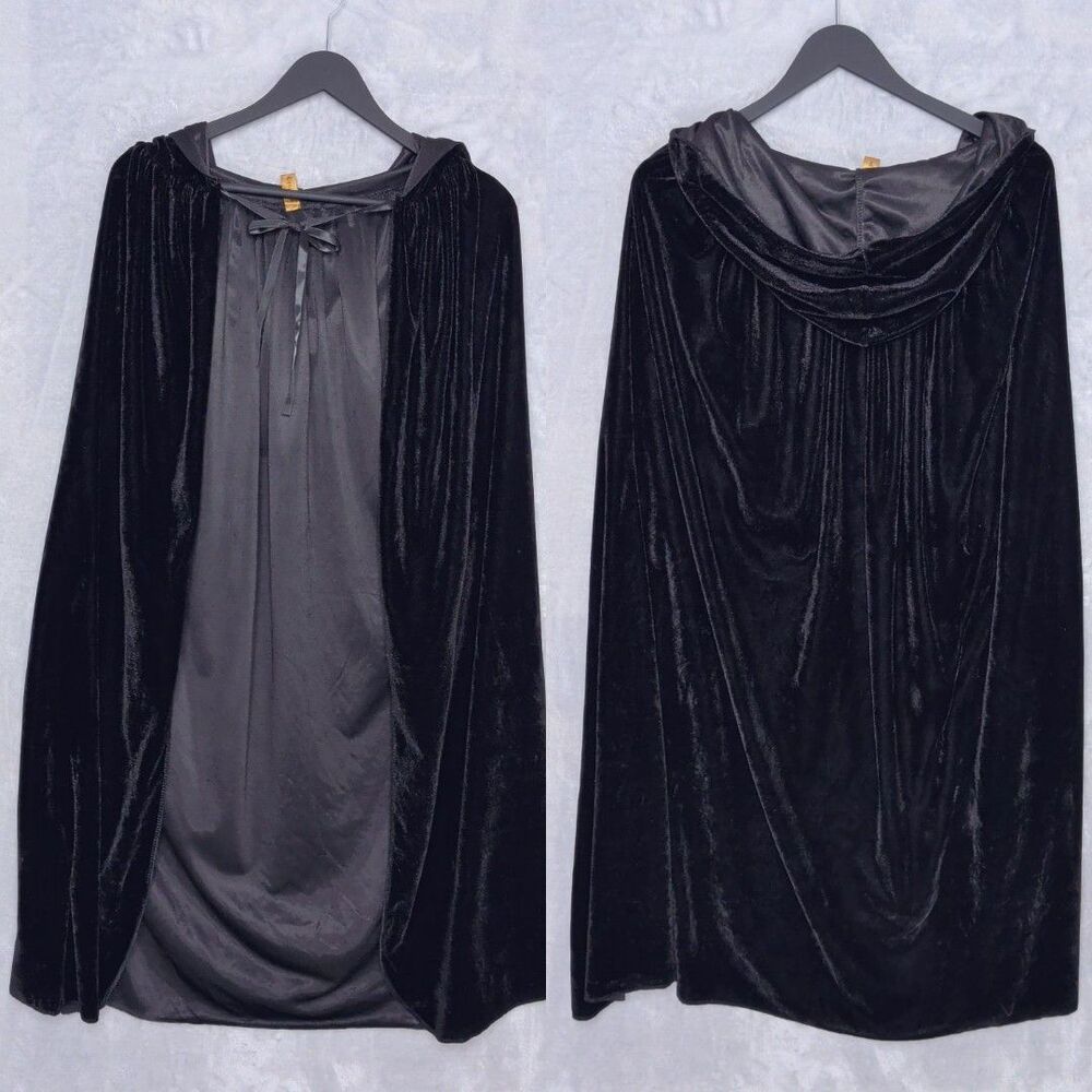 CRIZCAPE Black Velour Hooded Cape 38" Neck Tie Vampire Witch Halloween Cosplay